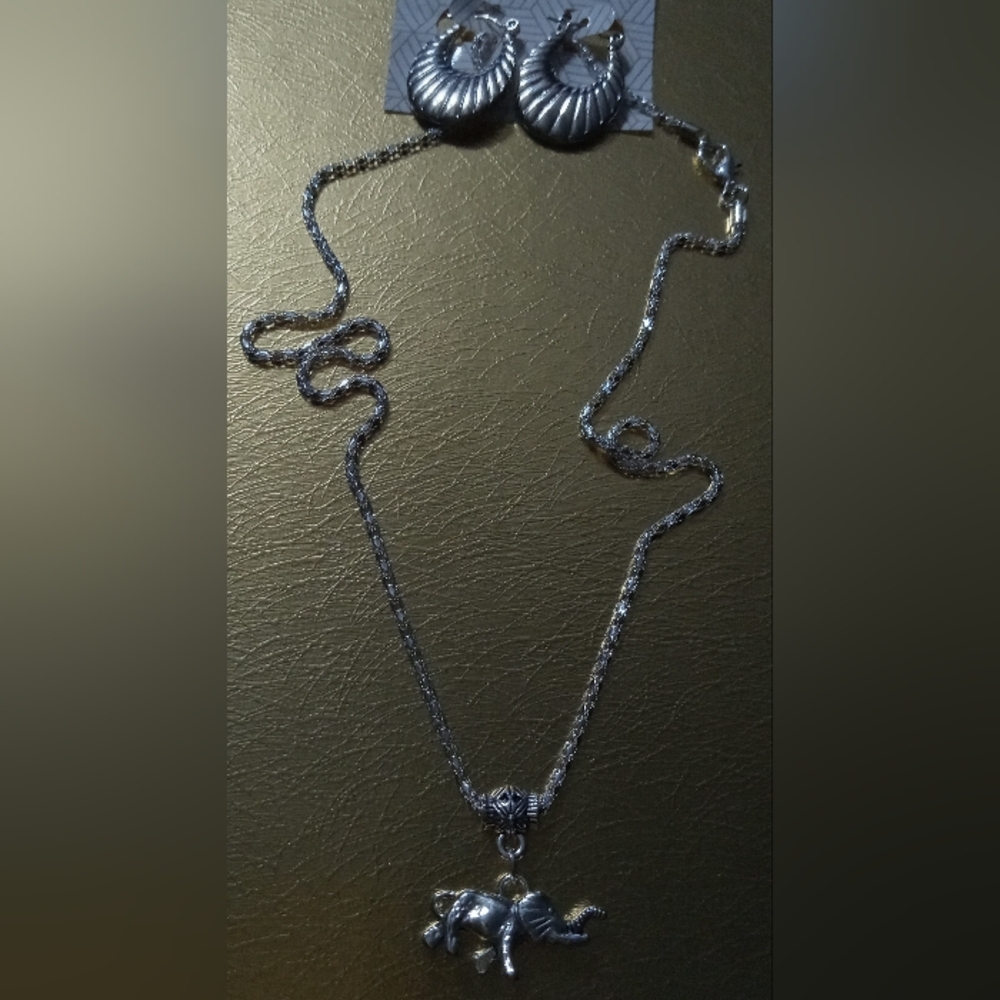 Silver Serpentine Elephant Necklace & Earrings Set with Textured Elegance